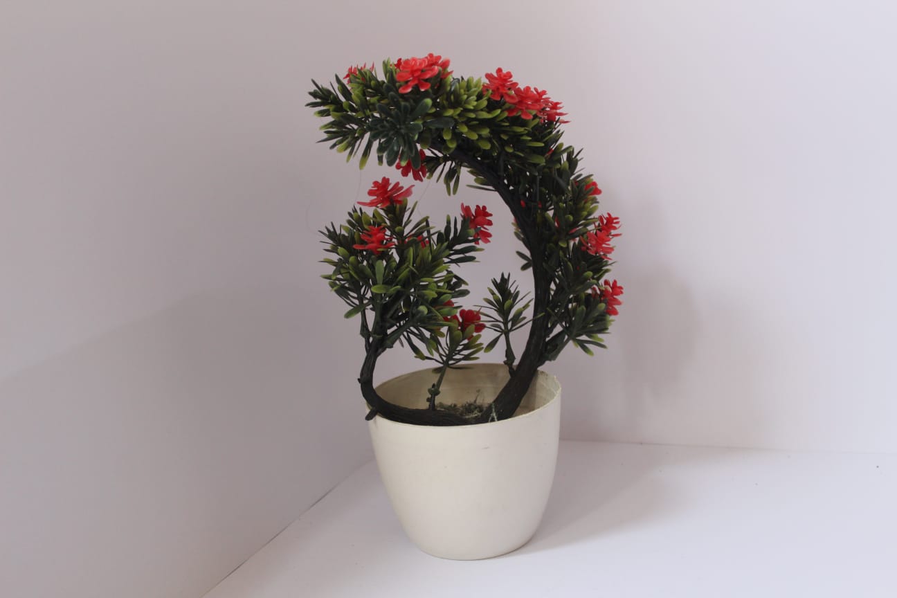 Artificial Bonsai Plant with Red Flowers in White Pot | Elegant Tabletop Home Decor
