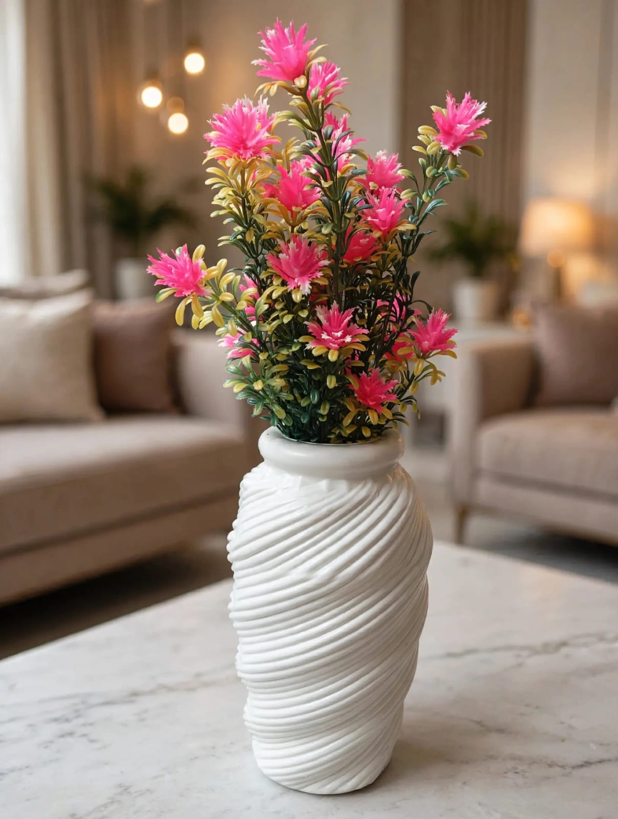 Elegant White Spiral Vase with Pink Artificial Flowers | Modern Home Decor