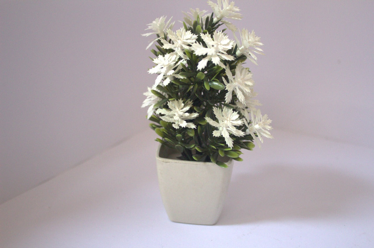“White Plastic Mini Vase with Artificial Flowers – Decorative Desk & Home Decor