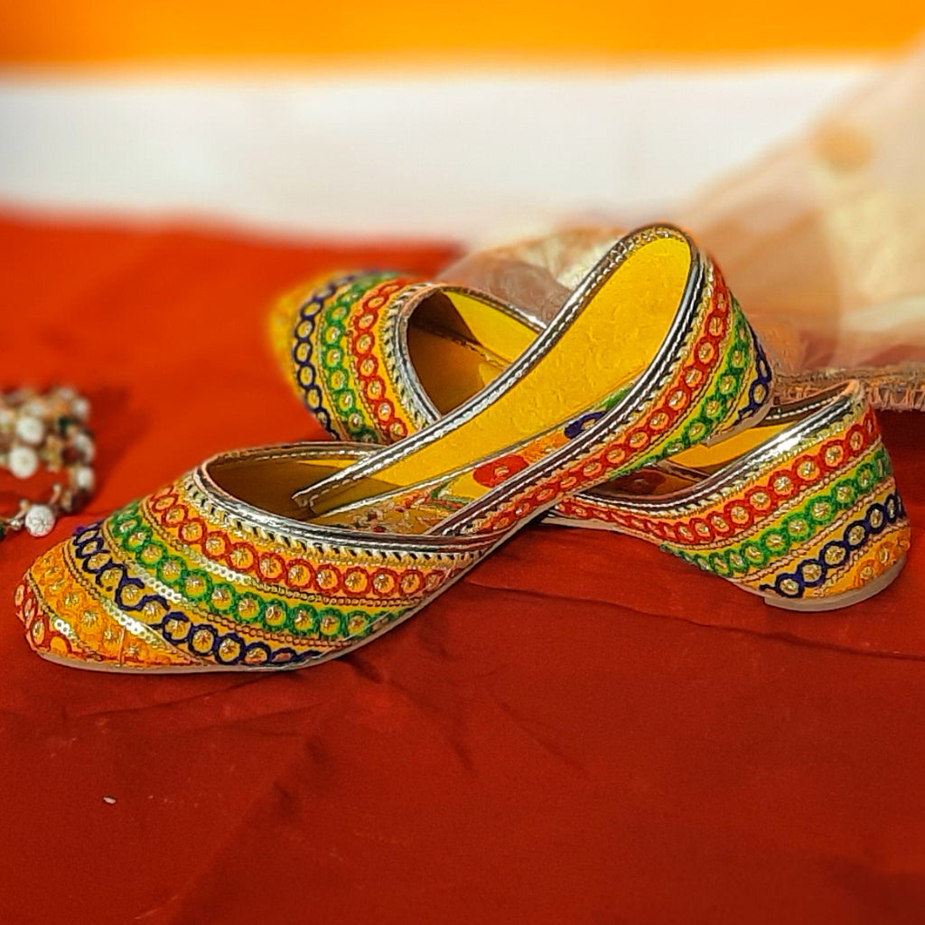 Yellow Multicolor Embroidered Khussa – Traditional Punjabi Jutti